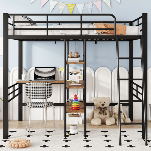 Cama alta 90x200 cm - com secretária e prateleiras para arrumação - Preto