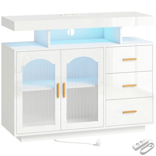 HOMCOM Aparador com LED RGB de 7 Cores, Tomadas e Portas USB, Aparador de Sala de Alto Brilho com 3 Gavetas, Prateleiras Abertas, 2 Portas de Acrílico, Fecho Suave, para TV 72, Branco, 100x35x80 cm