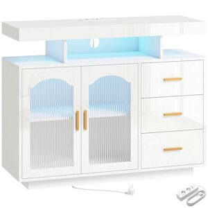 HOMCOM Aparador com LED RGB de 7 Cores, Tomadas e Portas USB, Aparador de Sala de Alto Brilho com 3 Gavetas, Prateleiras Abertas, 2 Portas de Acrílico, Fecho Suave, para TV 72, Branco, 100x35x80 cm
