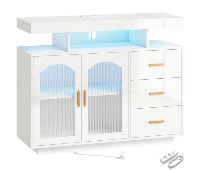 Homcom aparador con led rgb de 7 colores, tomas y puertos usb, aparador de salón de alto brillo con 3 cajones, estantes abiertos, 2 puertas de acrílico, cierre suave, para tv 72", blanco, 100x35x80 cm