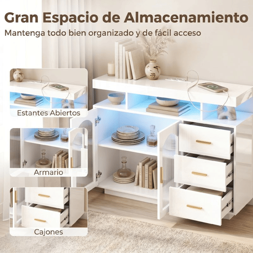 HOMCOM Aparador com LED RGB de 7 Cores, Tomadas e Portas USB, Aparador de Sala de Alto Brilho com 3 Gavetas, Prateleiras Abertas, 2 Portas de Acrílico, Fecho Suave, para TV 72, Branco, 100x35x80 cm