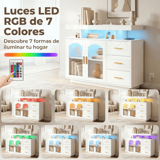 HOMCOM Aparador com LED RGB de 7 Cores, Tomadas e Portas USB, Aparador de Sala de Alto Brilho com 3 Gavetas, Prateleiras Abertas, 2 Portas de Acrílico, Fecho Suave, para TV 72, Branco, 100x35x80 cm