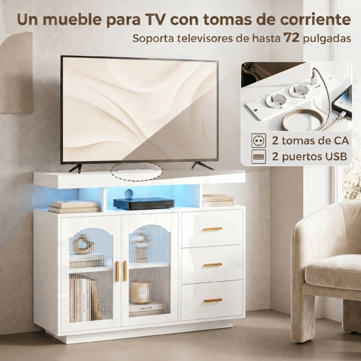 HOMCOM Aparador com LED RGB de 7 Cores, Tomadas e Portas USB, Aparador de Sala de Alto Brilho com 3 Gavetas, Prateleiras Abertas, 2 Portas de Acrílico, Fecho Suave, para TV 72, Branco, 100x35x80 cm