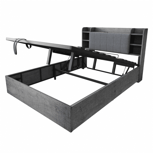 Cama de madeira 180x200 cm - cama hidráulica com espaço de arrumação na cabeceira, porta USB e tomada tipo C, cama de casal sem colchão - cinzenta