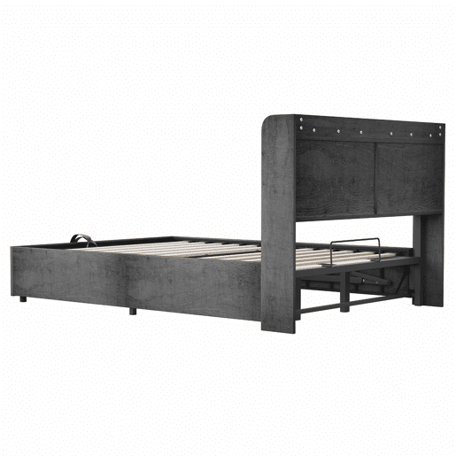 Cama de madeira 180x200 cm - cama hidráulica com espaço de arrumação na cabeceira, porta USB e tomada tipo C, cama de casal sem colchão - cinzenta