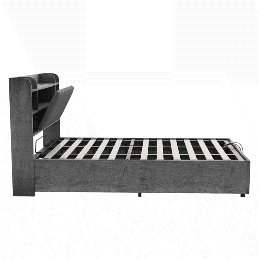Cama de madeira 180x200 cm - cama hidráulica com espaço de arrumação na cabeceira, porta USB e tomada tipo C, cama de casal sem colchão - cinzenta