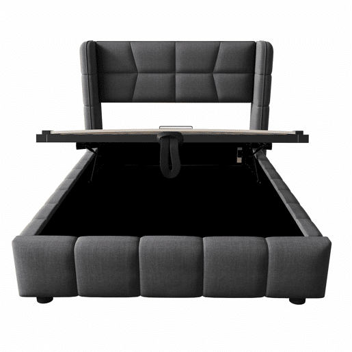 Cama estofada infantil 90 x 200 cm - com base, cabeceira e sistema de arrumação pneumático, estrutura em linho para crianças e adolescentes - cinzenta