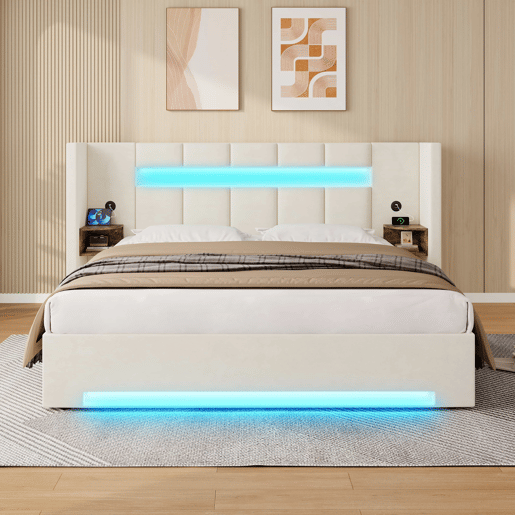 Cama multifuncional 160x200 cm - Cabeceira larga, 2 portas USB, armário embutido, luz LED, sistema hidráulico e amplo espaço de arrumação debaixo da cama com tecido não tecido - Bege