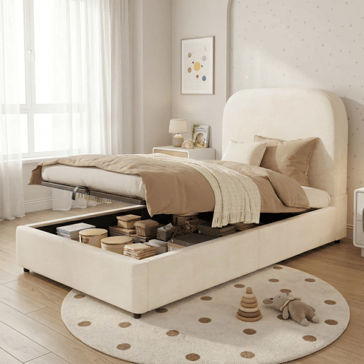 Cama infantil estofada 90x190 cm - sistema hidráulico, baú rebatível, base de ripas, cabeceira estofada, amplo espaço de arrumação, veludo - bege