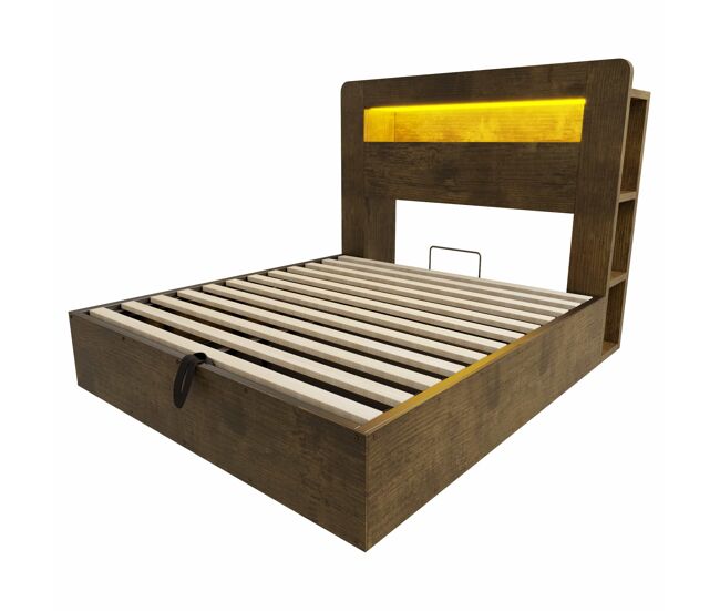Cama plataforma 140x200 - almacenamiento, sistema hidráulico, led en cabecero, enchufes integrados - madera vintage