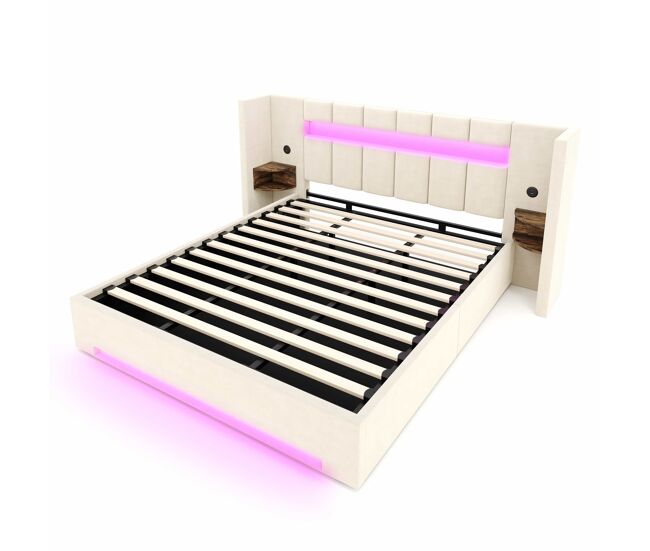 Cama multifuncional 180x200cm - cabezal ancho, 2x usb, armario retro, luz led, hidráulico y gran almacenamiento debajo de la cama con tela no tejida -