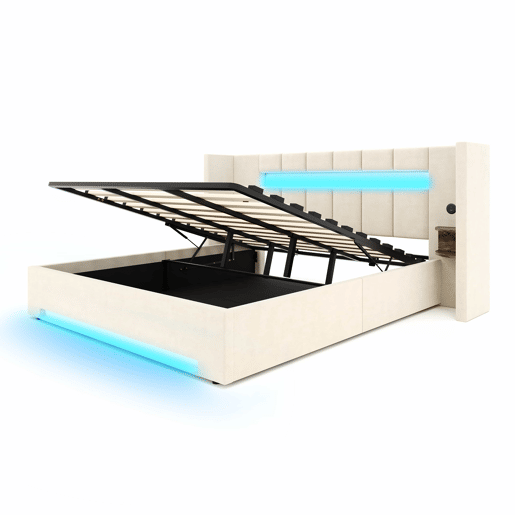 Cama multifuncional 180x200 cm - Cabeceira larga, 2 portas USB, armário embutido, luz LED, sistema hidráulico e amplo espaço de arrumação debaixo da cama com tecido não tecido - Bege