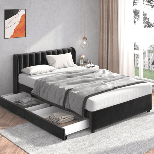 Cama 160x200cm com 2 gavetas - estofo em veludo - estilo moderno - Preto