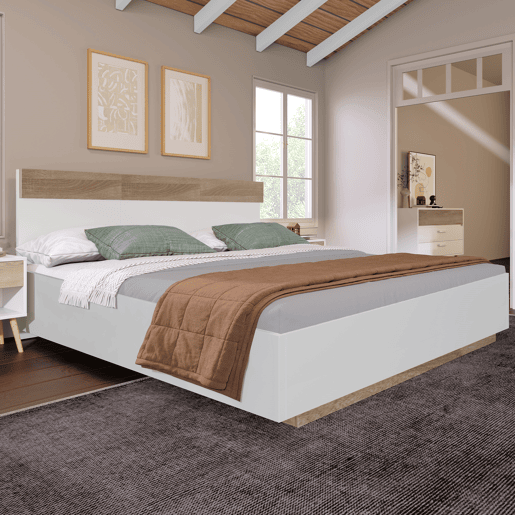 Cama para adultos 180x200 cm - cama flutuante com estrado de ripas - estrutura de madeira - branco