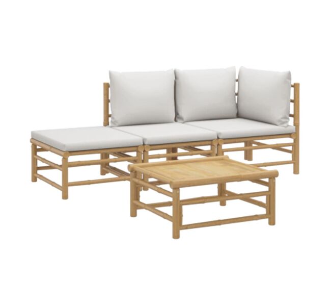 Conjunto de jardín 2 sofás + 1 mesa + 1 reposapiés bambú gris claro