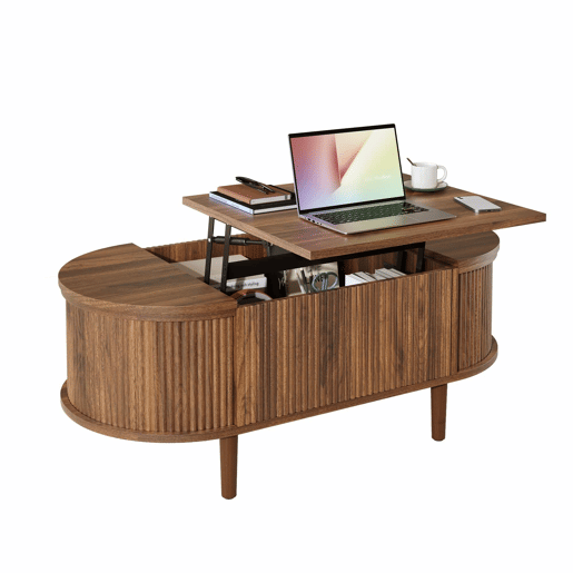 Mesa de centro oval - com altura ajustável, com espaço de arrumação, estilo vintage, multifuncional, com pernas em madeira maciça - nogueira Mesa de centro oval - com altura ajustável, com espaço de arrumação, estilo vintage, multifuncional, com pernas em madeira maciça - nogueira