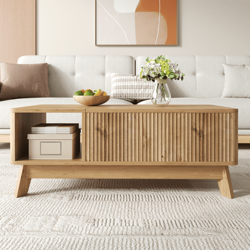 Mesa de centro elevável sem dimensões fixas - design ondulado, compartimento lateral aberto, MDF, estilo moderno - Natural