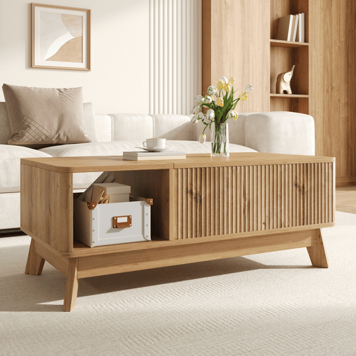 Mesa de centro elevável sem dimensões fixas - design ondulado, compartimento lateral aberto, MDF, estilo moderno - Natural