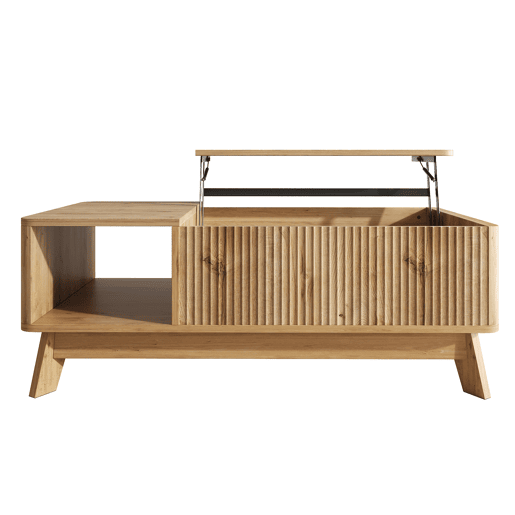 Mesa de centro elevável sem dimensões fixas - design ondulado, compartimento lateral aberto, MDF, estilo moderno - Natural