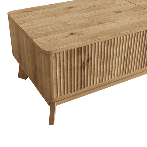 Mesa de centro elevável sem dimensões fixas - design ondulado, compartimento lateral aberto, MDF, estilo moderno - Natural