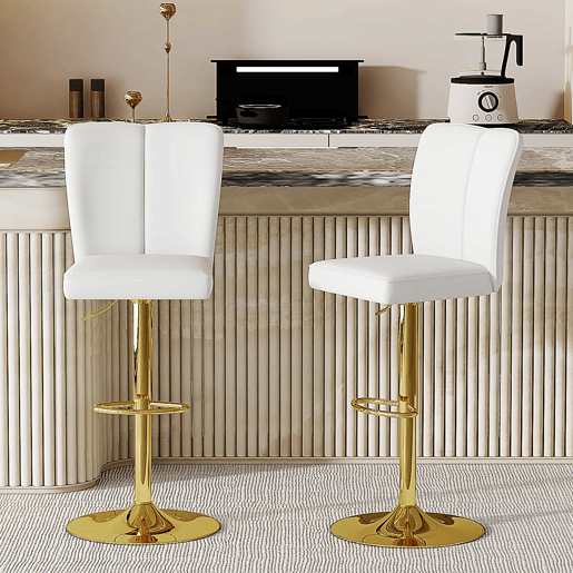 Bancos de bar ajustáveis, 2 unidades - giratórios a 360° - PU resistente à água - Branco + Dourado