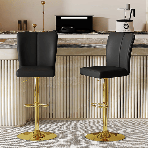 Bancos de bar ajustáveis, 2 unidades - Giratórios a 360°, PU resistente à água, design de luxo - Preto + Dourado