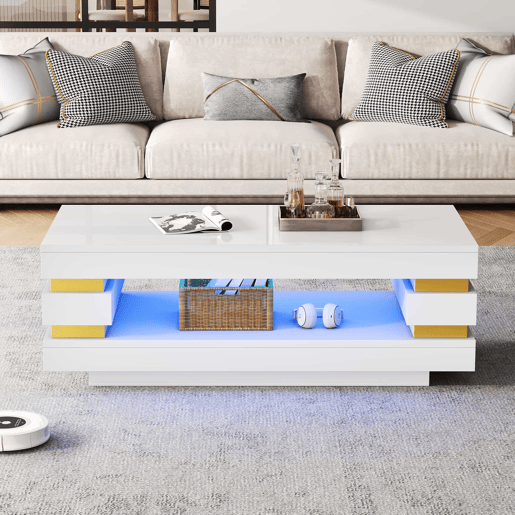 Mesa de centro 100 x 50 x 35 cm u2014 com compartimento de arrumação central oco, iluminação LED em fita, acabamento de alto brilho, ideal para apartamentos pequenos u2014 branco