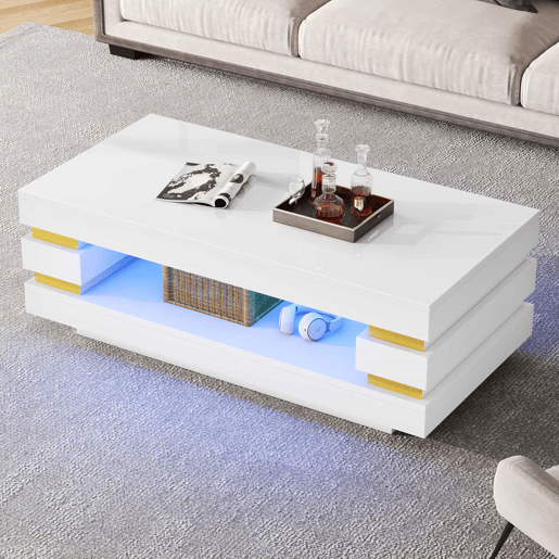 Mesa de centro 100 x 50 x 35 cm u2014 com compartimento de arrumação central oco, iluminação LED em fita, acabamento de alto brilho, ideal para apartamentos pequenos u2014 branco