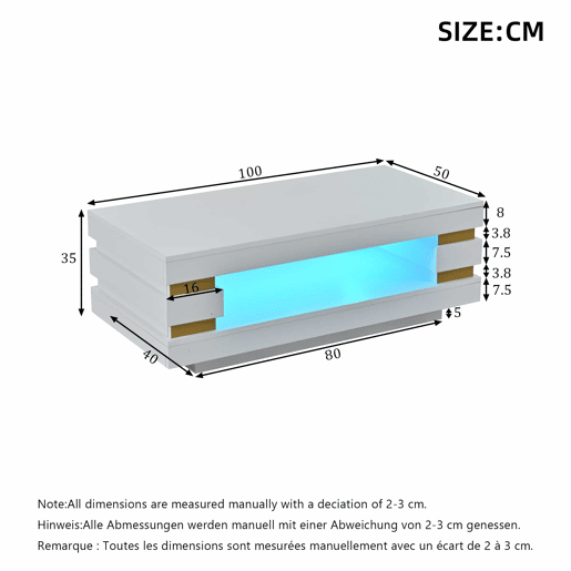 Mesa de centro 100 x 50 x 35 cm u2014 com compartimento de arrumação central oco, iluminação LED em fita, acabamento de alto brilho, ideal para apartamentos pequenos u2014 branco