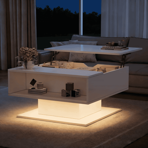 Mesa de centro 80 x 75 x 40 cm - elevável hidraulicamente, acabamento de alto brilho, com espaço de arrumação e design geométrico - branca