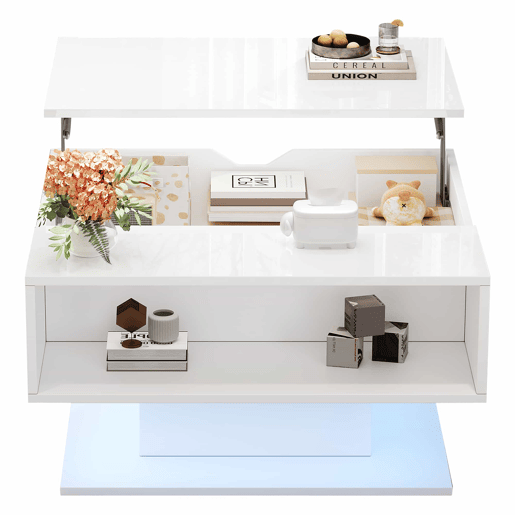 Mesa de centro 80 x 75 x 40 cm - elevável hidraulicamente, acabamento de alto brilho, com espaço de arrumação e design geométrico - branca