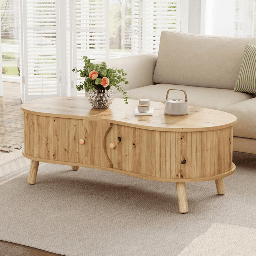 Mesa de centro oval - com portas de correr, design canelado, pés em madeira maciça, acabamento com efeito de madeira, MDF - natural