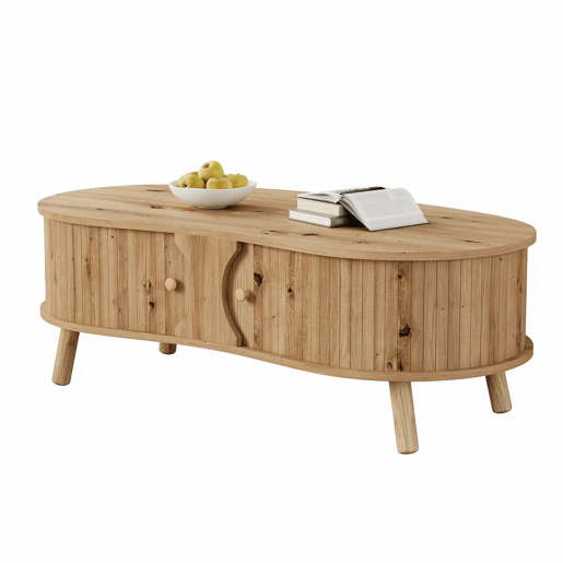 Mesa de centro oval - com portas de correr, design canelado, pés em madeira maciça, acabamento com efeito de madeira, MDF - natural