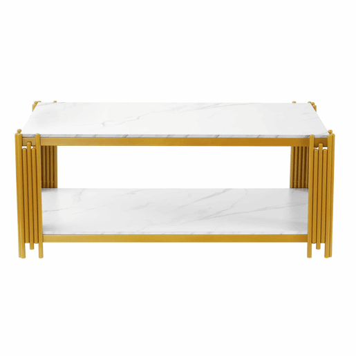 Mesa de centro 114 x 64 x 46 cm - retangular com pés de metal e tampo com efeito mármore, mobiliário moderno - branco e dourado Mesa de centro 114 x 64 x 46 cm - retangular com pés de metal e tampo com efeito mármore, mobiliário moderno - branco e dourado
