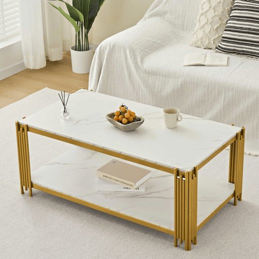 Mesa de centro 114 x 64 x 46 cm - retangular com pés de metal e tampo com efeito mármore, mobiliário moderno - branco e dourado Mesa de centro 114 x 64 x 46 cm - retangular com pés de metal e tampo com efeito mármore, mobiliário moderno - branco e dourado