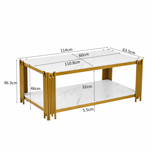 Mesa de centro 114 x 64 x 46 cm - retangular com pés de metal e tampo com efeito mármore, mobiliário moderno - branco e dourado Mesa de centro 114 x 64 x 46 cm - retangular com pés de metal e tampo com efeito mármore, mobiliário moderno - branco e dourado