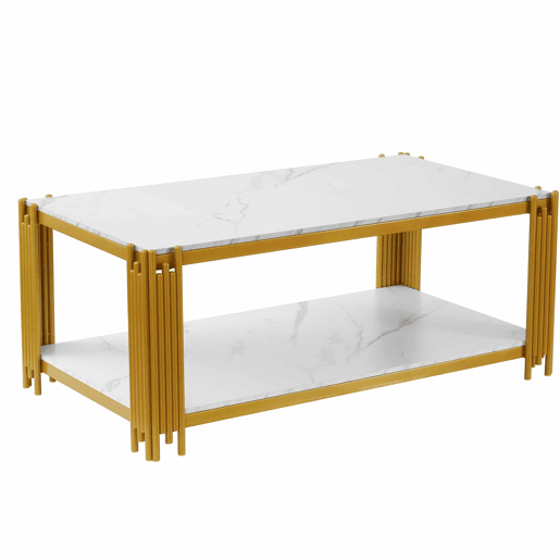 Mesa de centro 114 x 64 x 46 cm - retangular com pés de metal e tampo com efeito mármore, mobiliário moderno - branco e dourado Mesa de centro 114 x 64 x 46 cm - retangular com pés de metal e tampo com efeito mármore, mobiliário moderno - branco e dourado