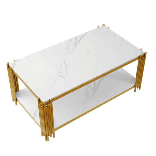 Mesa de centro 114 x 64 x 46 cm - retangular com pés de metal e tampo com efeito mármore, mobiliário moderno - branco e dourado Mesa de centro 114 x 64 x 46 cm - retangular com pés de metal e tampo com efeito mármore, mobiliário moderno - branco e dourado