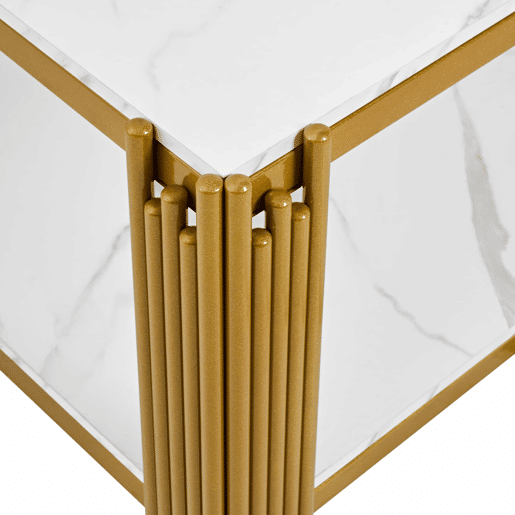 Mesa de centro 114 x 64 x 46 cm - retangular com pés de metal e tampo com efeito mármore, mobiliário moderno - branco e dourado Mesa de centro 114 x 64 x 46 cm - retangular com pés de metal e tampo com efeito mármore, mobiliário moderno - branco e dourado