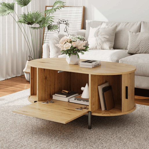 Mesa de centro oval - com espaço de arrumação, portas de correr, acabamento em imitação de madeira, pés de metal, estilo rattan, multifuncional - Natural