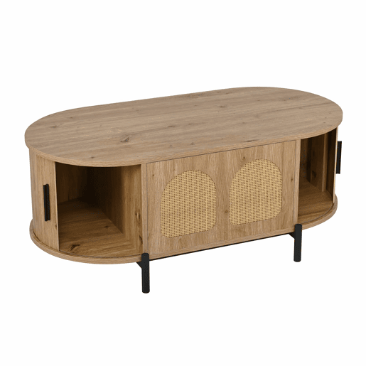 Mesa de centro oval - com espaço de arrumação, portas de correr, acabamento em imitação de madeira, pés de metal, estilo rattan, multifuncional - Natural