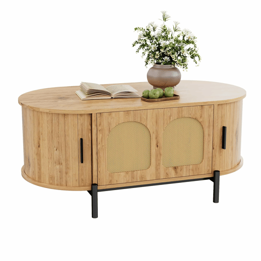 Mesa de centro oval - com espaço de arrumação, portas de correr, acabamento em imitação de madeira, pés de metal, estilo rattan, multifuncional - Natural