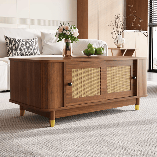 Mesa de centro - portas de correr em rattan, cantos arredondados, espaço de arrumação, MDF com efeito de madeira, design moderno - Nogueira