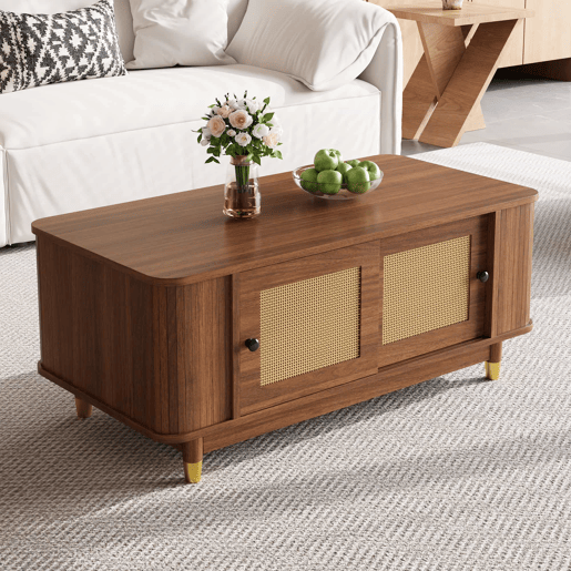 Mesa de centro - portas de correr em rattan, cantos arredondados, espaço de arrumação, MDF com efeito de madeira, design moderno - Nogueira