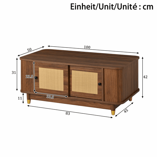 Mesa de centro - portas de correr em rattan, cantos arredondados, espaço de arrumação, MDF com efeito de madeira, design moderno - Nogueira