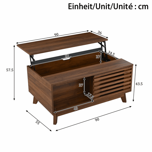 Mesa de centro elevável - altura ajustável, porta de persiana deslizante, acabamento em efeito nogueira, estrutura em MDF, multifuncional - Nogueira Mesa de centro elevável - altura ajustável, porta de persiana deslizante, acabamento em efeito nogueira, estrutura em MDF, multifuncional - Nogueira