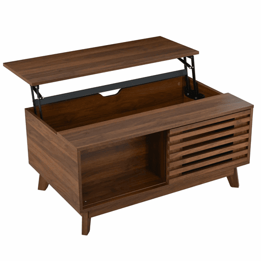 Mesa de centro elevável - altura ajustável, porta de persiana deslizante, acabamento em efeito nogueira, estrutura em MDF, multifuncional - Nogueira Mesa de centro elevável - altura ajustável, porta de persiana deslizante, acabamento em efeito nogueira, estrutura em MDF, multifuncional - Nogueira