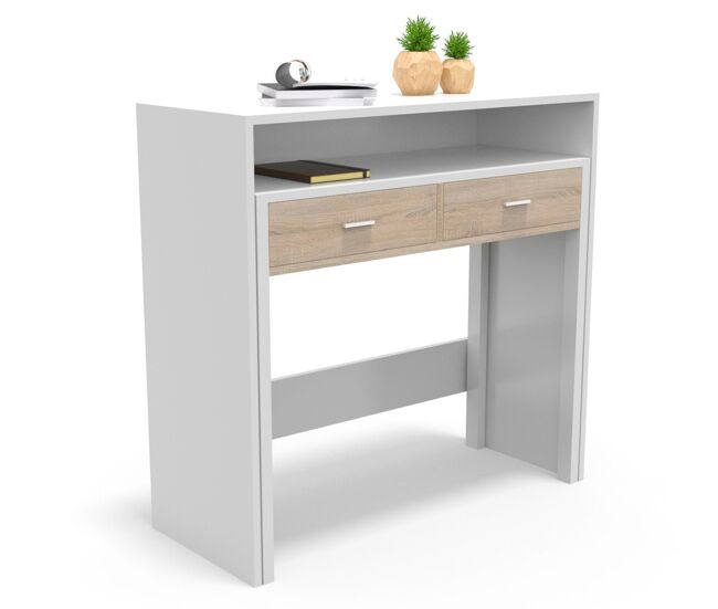 Consola extraible, mesa escritorio extensible, mesa estudio, con cajones y balda, 90 x 37 x 86,5 cm blanco / roble dormidán