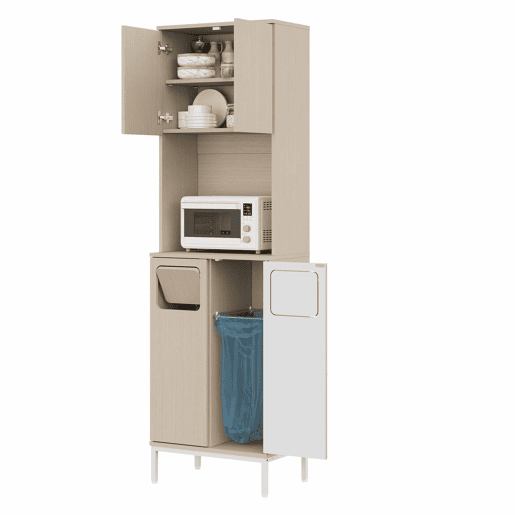Armário de cozinha para lixo 53 x 35 x 181 cm - com compartimento para resíduos, espaço para micro-ondas e espaço de arrumação ajustável para aspirador - Branco