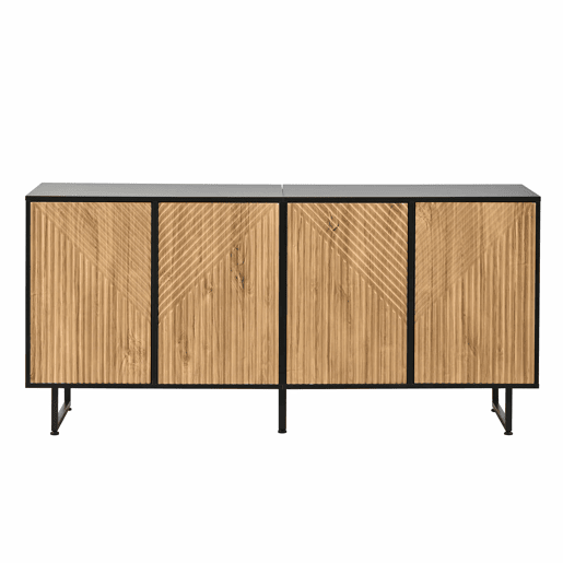 Aparador de sala 160 x 40 x 75 cm - 4 portas, design moldado a vácuo, 3 pés de apoio, 160 cm de largura - madeira natural e preta Aparador de sala 160 x 40 x 75 cm - 4 portas, design moldado a vácuo, 3 pés de apoio, 160 cm de largura - madeira natural e preta
